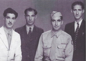 Edward Hanania, Khamis Hanania, George Hanania, Farid Hanania during World War II, 1942 in Jerusalem Palestine where they were born. George served in the U.S. 5th Army assigned to the Office of Strategic Services (OSS). Photo courtesy of Ray Hanania