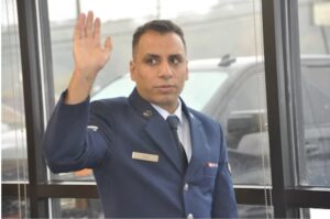 Then Airman 1st Class Yosry Zaki, takes the Naturalization Oath of Allegiance to the United States of America during a ceremony in Montgomery, Ala., Nov. 15, 2023. Zaki, now a Senior Airman, is a flight services technician in the 908th Aeromedical Evacuation Squadron at Maxwell Air Force Base, Ala. (U.S. Air Force photo by Bradley J. Clark)